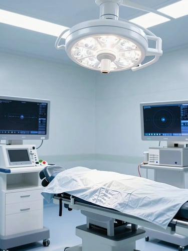 Crisp clinical wide shot of a modern sterile operating theater with advanced diagnostic screens, cool blue and sterile white studio light, high-tech medical minimalism, 50mm