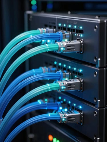 Extreme close-up of a high-tech server rack with glowing cyan and blue fiber optic cables, pulsing data lights in a dark data center, high-tech financial intelligence atmosphere