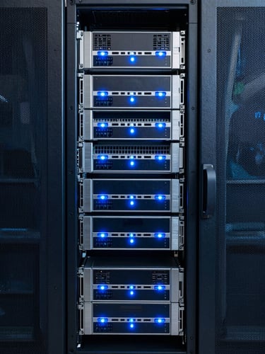 Symmetric close-up of a secure enterprise server rack with blue status lights, brushed silver casing, cool corporate photography, sharp architectural lines, 35mm