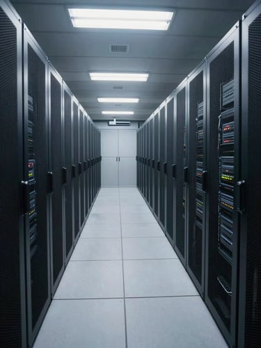 Wide-angle view of a corporate server room corridor, rows of illuminated rack servers receding into depth, cool overhead fluorescent light, no people, clean and precise
