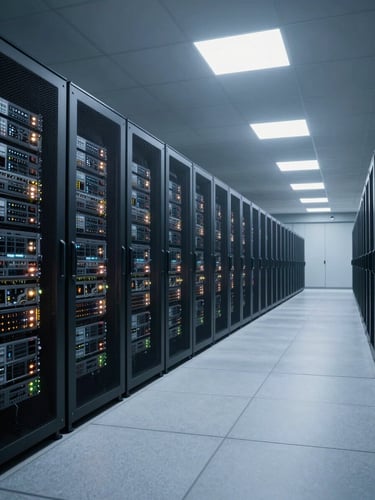 Wide panoramic view of a large enterprise data center floor, rows of illuminated server racks receding into the distance, cool overhead fluorescent lighting, no people, shot from a low angle to the left, expansive negative space to the right
