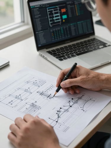 Close-up of a technician's hands reviewing printed network diagrams spread across a desk, a laptop open beside them showing infrastructure dashboards, cool natural window light from the left, no faces visible