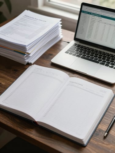 Close overhead view of an organized desk — open ledger with neat columns, a stack of sorted client files beside a laptop showing a QuickBooks reconciliation screen, soft north-facing window light, no clutter