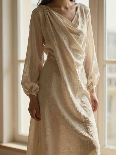 An elegant portrait of modern modest wear, a flowing beige linen dress draped softly under warm window light, 35mm