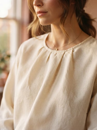 Close-up of a softly draped cream-colored linen blouse under warm golden-hour window light, elegant and minimalist