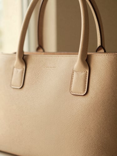 A close-up shot of a structured leather handbag in warm sand tones, clean lines, soft focus background, 35mm