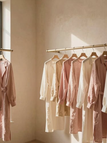 Elegant minimalist boutique interior with warm beige plaster walls, premium clothing racks holding soft pink and cream linen garments, soft golden-hour light, 35mm photography