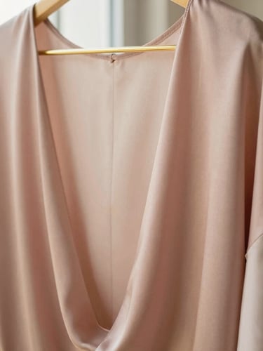 Close-up of elegant dusty rose and cream silk fabrics gently draped over a golden hanger, soft window light highlighting the rich texture, minimal editorial style, 35mm