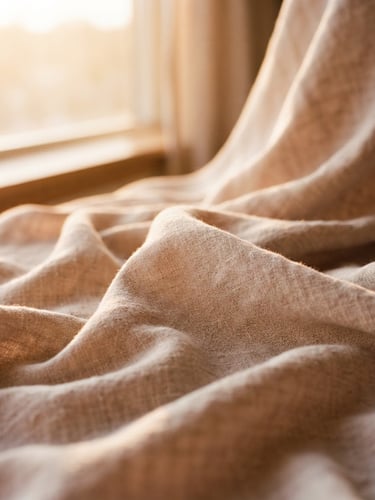 A close-up of premium soft beige linen fabric draped elegantly under warm golden-hour window light, 35mm photography