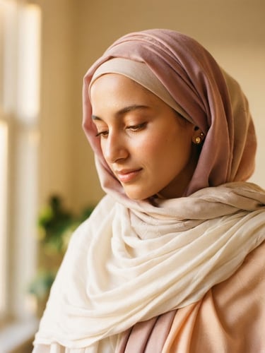A close-up portrait of softly draped pastel-colored fabrics and premium modest scarves under warm golden-hour window light, elegant texture details, 35mm