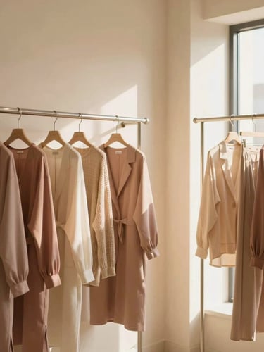 A warm-toned minimalist boutique interior with softly lit clothing racks, textured drapes, and elegant lifestyle accessories in Ampang, Selangor
