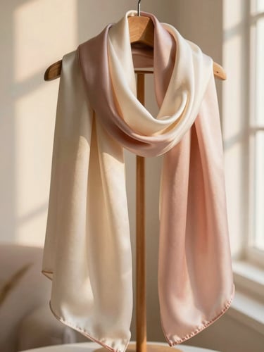 Premium silk scarves draped elegantly over a wooden stand, soft cream and dusty rose tones, warm lighting, 35mm