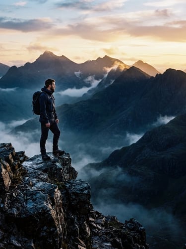 Cinematic early morning golden hour light, misty mountain peak in deep navy tones, solitary figure in contemplation, 35mm