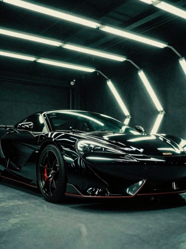 Low-angle dynamic shot of a high-gloss ceramic coated sports car inside a moody garage, bright neon green LED work lights reflecting on the black paint, 35mm film grain