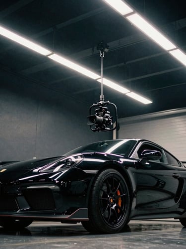 Low-angle dynamic shot of a camera rig filming a high-gloss ceramic coating application on a black sports car, dramatic garage LED work lights, 35mm film grain