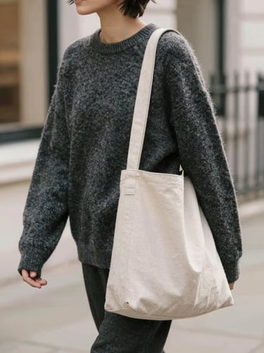 A candid urban street-level shot of a person walking in London wearing a relaxed charcoal sweater and carrying a minimalist canvas bag, soft afternoon daylight, shallow depth of field