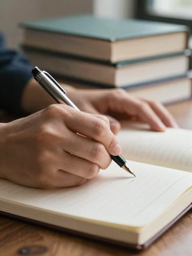 Close-up of hands taking precise notes with a fountain pen in a clean notebook, a stack of academic books in the soft-focus background, diffused natural light.