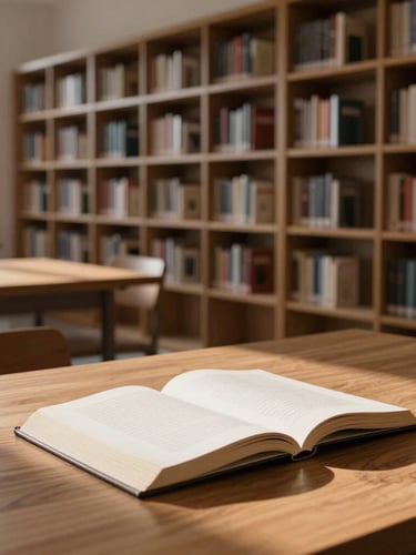 A quiet, modern study library with wooden desks and minimalist bookshelves, natural morning light casting soft shadows, focus on a single open book on a table.