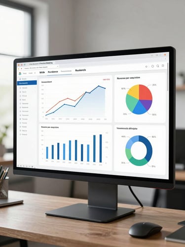 Wide performance marketing dashboard displayed on a monitor in a clean studio environment, showing conversion funnel metrics, revenue-per-acquisition figures, and audience segmentation charts under bright even daylight from the left