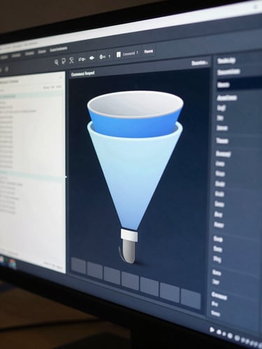 Close-up of a conversion funnel dashboard on a dark monitor, clean data visualizations in steel-blue and white on a deep navy background, even studio lighting, no text visible