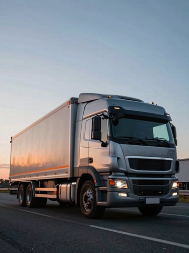 Low-angle cinematic photograph of a modern cargo truck on a clean highway at dawn, cool steel tones with safety orange highlights.