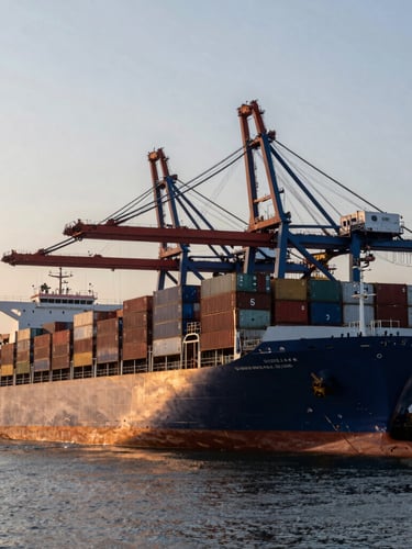 Wide environmental shot of a massive container ship docked at a deep-water port during dawn, cool steel tones with warm amber horizon light.