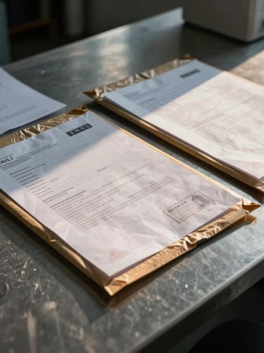 Close-up of sealed shipping documents and customs stamps on a steel desk, dramatic dawn light casting long shadows, sharp focus.