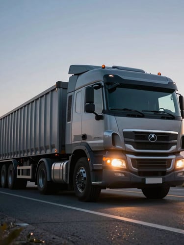 Low-angle heroic shot of a modern heavy-duty cargo truck on a clean highway at dusk, cool steel tones with warm amber headlight glow.