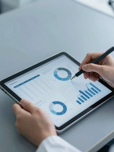 Clean editorial photography, cool natural daylight, a researcher's hands analyzing data charts on a tablet, slate blue tones, sharp focus, 35mm