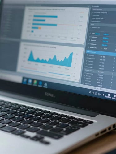 A clean, high-contrast close-up of a technical workstation with data charts on a screen, cool natural daylight, sharp focus, 35mm