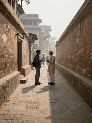 Wide environmental shot, available light: a travel agent and local guide in conversation on a narrow stone-paved lane in Varanasi, backs to the camera, worn plaster walls on both sides, soft morning haze diffusing the light, documentary framing with generous foreground