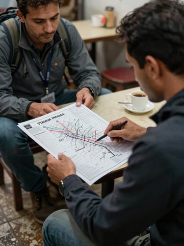 Close framing of a local guide and a traveler seated at a small table in a dim chai shop, the guide pointing to a printed route sheet, available interior light, worn tile floor visible, no faces looking at camera