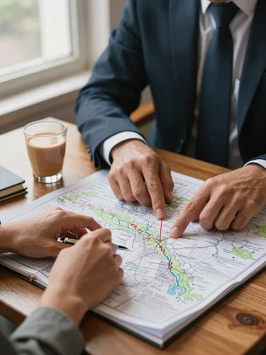 Documentary close-up, a travel agent and a client seated at a low wooden table reviewing a hand-drawn map, chai glasses nearby, natural window light from the left, worn notebook pages visible, no faces fully shown — focus on hands pointing at the map