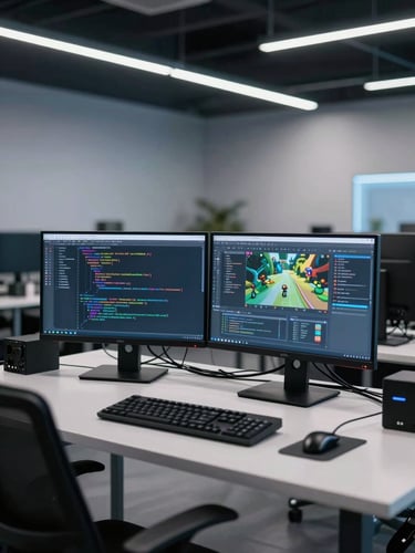 Wide studio interior shot, developer at a dual-monitor workstation with real code visible on screens, cool LED office light casting blue-white glow, a second monitor showing a game interface build in progress, cables and peripherals in foreground, studio density visible in background