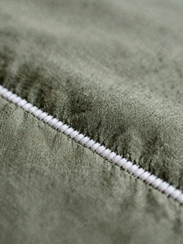 Macro texture of heavy organic olive green cotton fabric with high-definition white embroidery stitching, soft natural side light, shallow depth of field, 35mm film