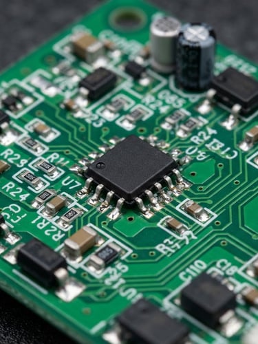 Macro studio photography of a green circuit board with integrated circuits, sharp focus on solder points, dark graphite background, industrial lighting