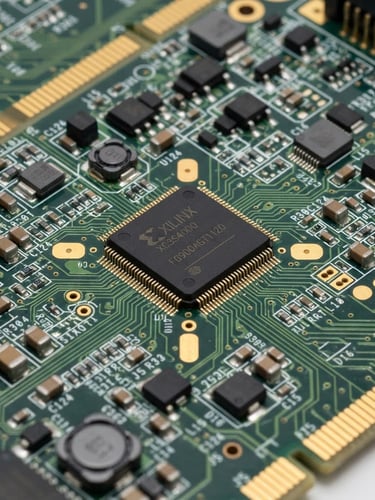 Macro product photography of a green PCB board with gold-plated contacts, clean solder joints, and high-reliability integrated circuit chips, bright industrial studio lighting, sharp focus, 50mm lens