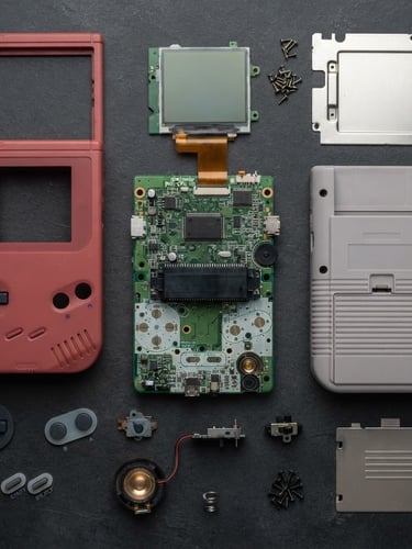 Top-down flat lay of a dismantled original handheld console on a dark graphite workbench, clean green circuit boards and colorful plastic shells arranged neatly under bright industrial studio lighting.
