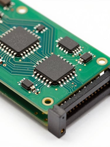 Macro product photography of a green circuit board with integrated circuits inserted into an original retro console slot, bright industrial studio lighting, sharp focus on the contact pins.