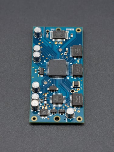 Straight-on technical product shot of a blue cartridge circuit board, clean copper traces, surface-mount capacitors, and programmed IC flash memory, bright studio lighting, dark graphite background