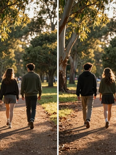 Side-by-side view of two people walking along a sun-drenched path in a Shepparton park, warm Australian golden hour light filtering through eucalyptus trees, focus on their steps and relaxed posture.