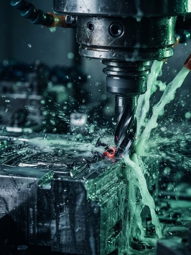 Extreme close-up of a multi-axis CNC mill cutting raw steel with coolant spray, dramatic cool-toned studio lighting with sharp green highlights reflecting off metallic surfaces, macro depth of field