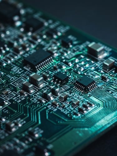Macro photograph of a high-density printed circuit board, pristine solder joints on SMT components, dramatic cool-toned studio lighting with sharp emerald green highlights on metallic traces, deep slate background.