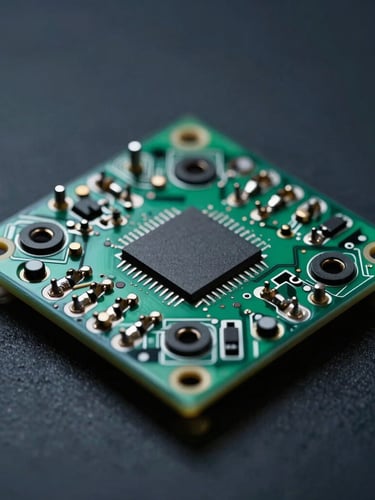 Macro photograph of a high-density PCBA with pristine solder joints, dramatic cool-toned studio lighting, deep slate background with sharp emerald green highlights