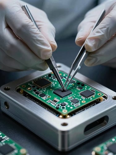 Extreme macro shot of a technician in a white clean-room suit using precision tweezers to align a high-density PCBA inside a milled aluminum housing, dramatic cool-toned lighting, sharp green reflections.