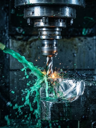 Extreme close-up of a multi-axis CNC mill spindle cutting raw titanium with bright green coolant spray, sharp metallic reflections, dramatic cool-toned studio lighting, deep slate background.