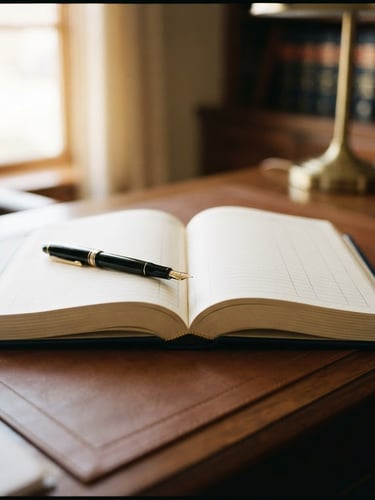 Symmetrical close-up of a legal register book, fountain pen resting on textured cream paper, soft morning light filtering through a window, professional legal office setting.