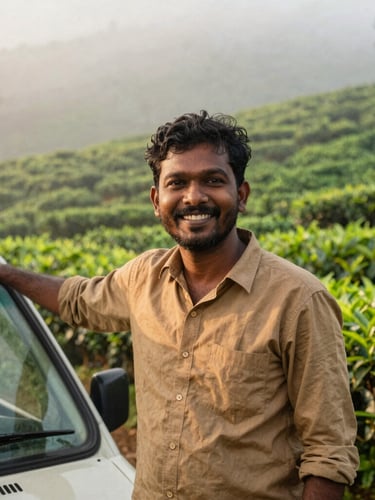 Candid medium portrait of a smiling Sri Lankan driver-guide standing beside a vehicle, misty tea plantation background, low-angled morning light.