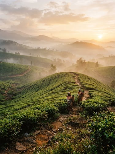 Misty tea plantations at dawn, soft golden hour light, rich earthy ochre and deep green tones, 35mm film grain, wide environmental landscape