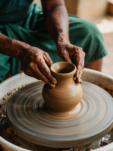 Intimate close-up of a Sri Lankan artisan's hands shaping a terracotta clay vessel on a manual wheel, soft natural light, warm earthy tones.